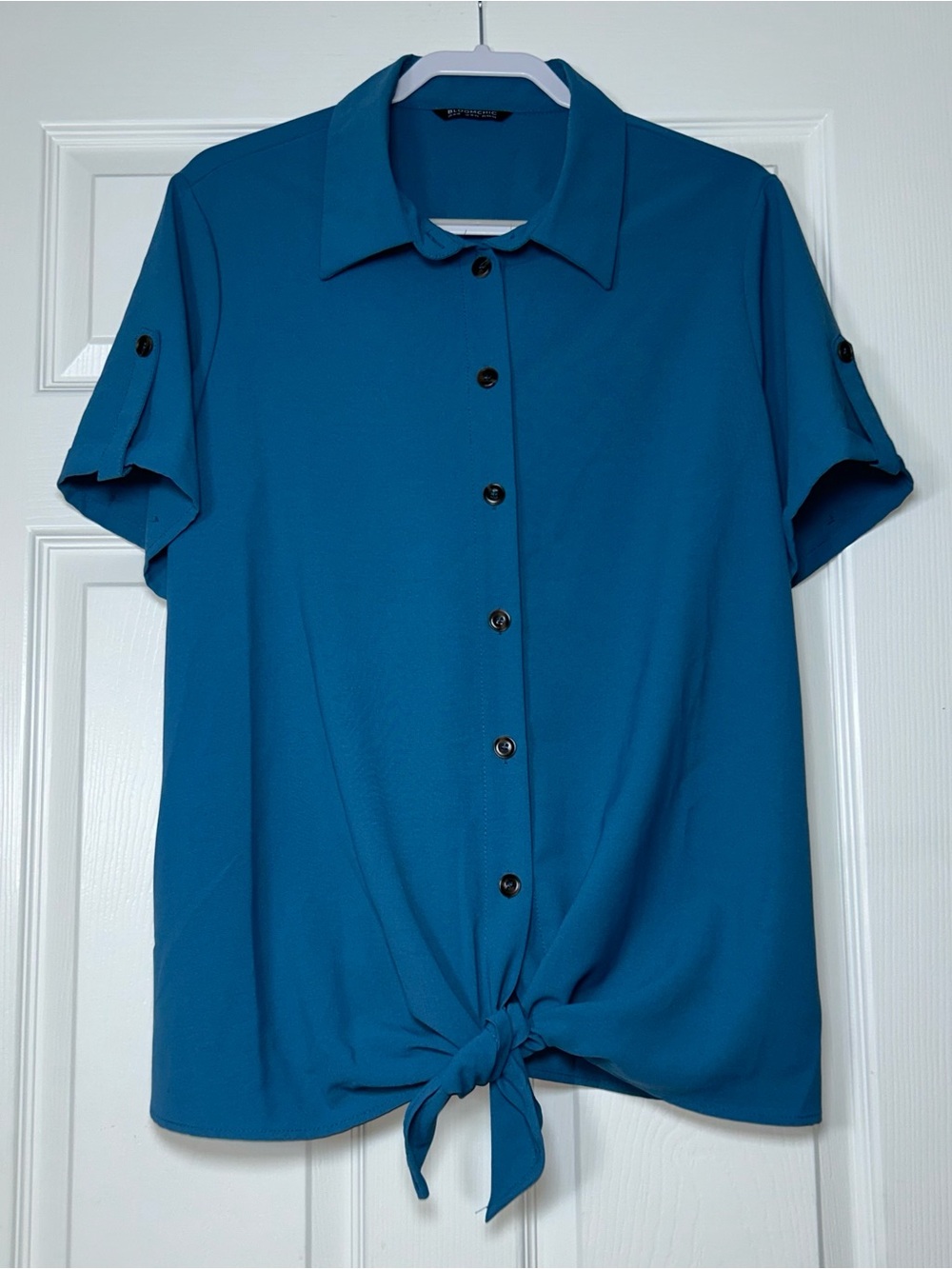 BLOOMCHIC Collar Button Blouse Women's 14W-16W Teal Blue Short Sleeve Bottom Tie